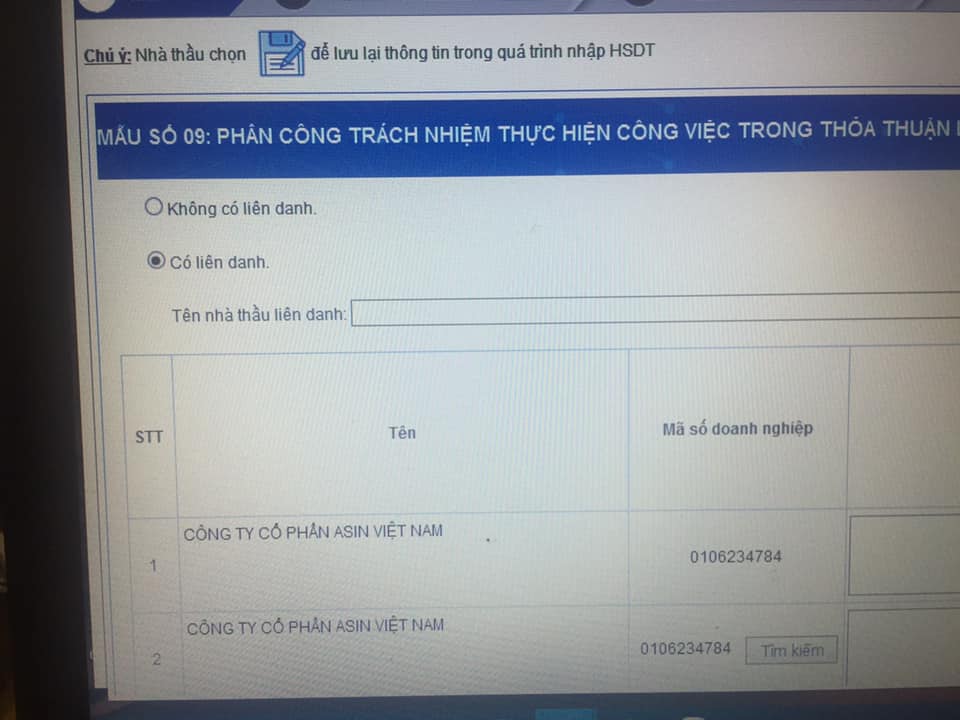 Lỗi hệ thống tự liên danh - lỗi này các bạn cần xóa liên danh và tích lại vào phần không liên danh và thực hiện tiếp