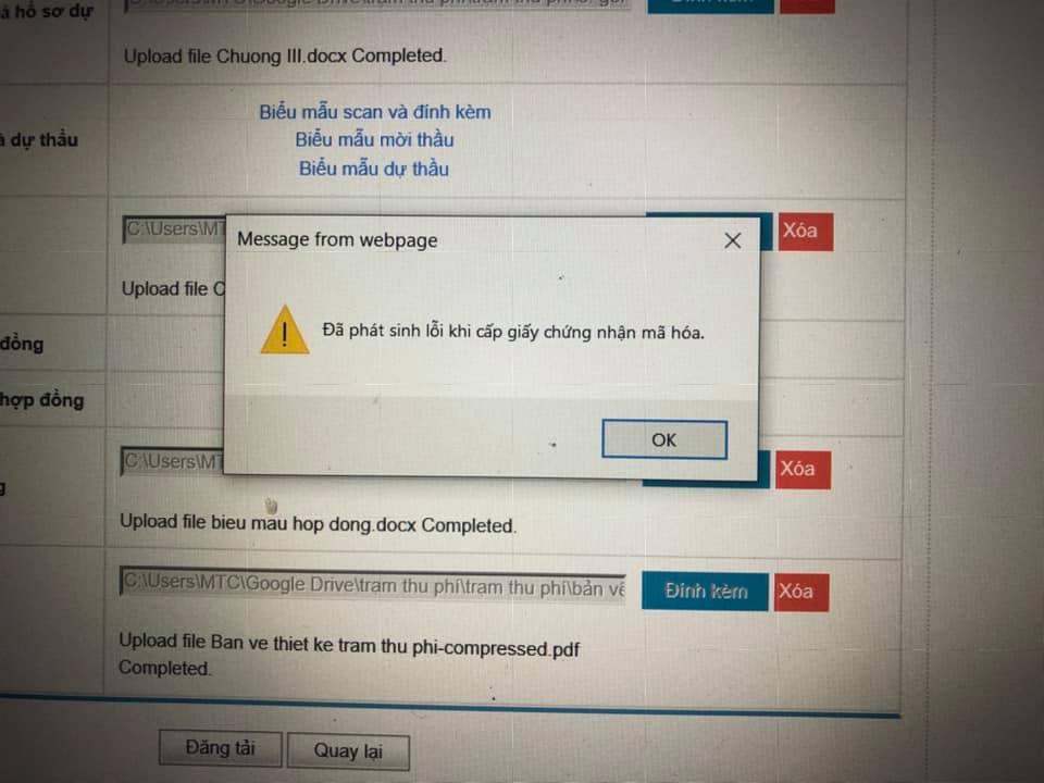 Lỗi khi đính kèm hồ sơ mời thầu - cần cài đặt lại môi trường - để ý cài file lớn Java